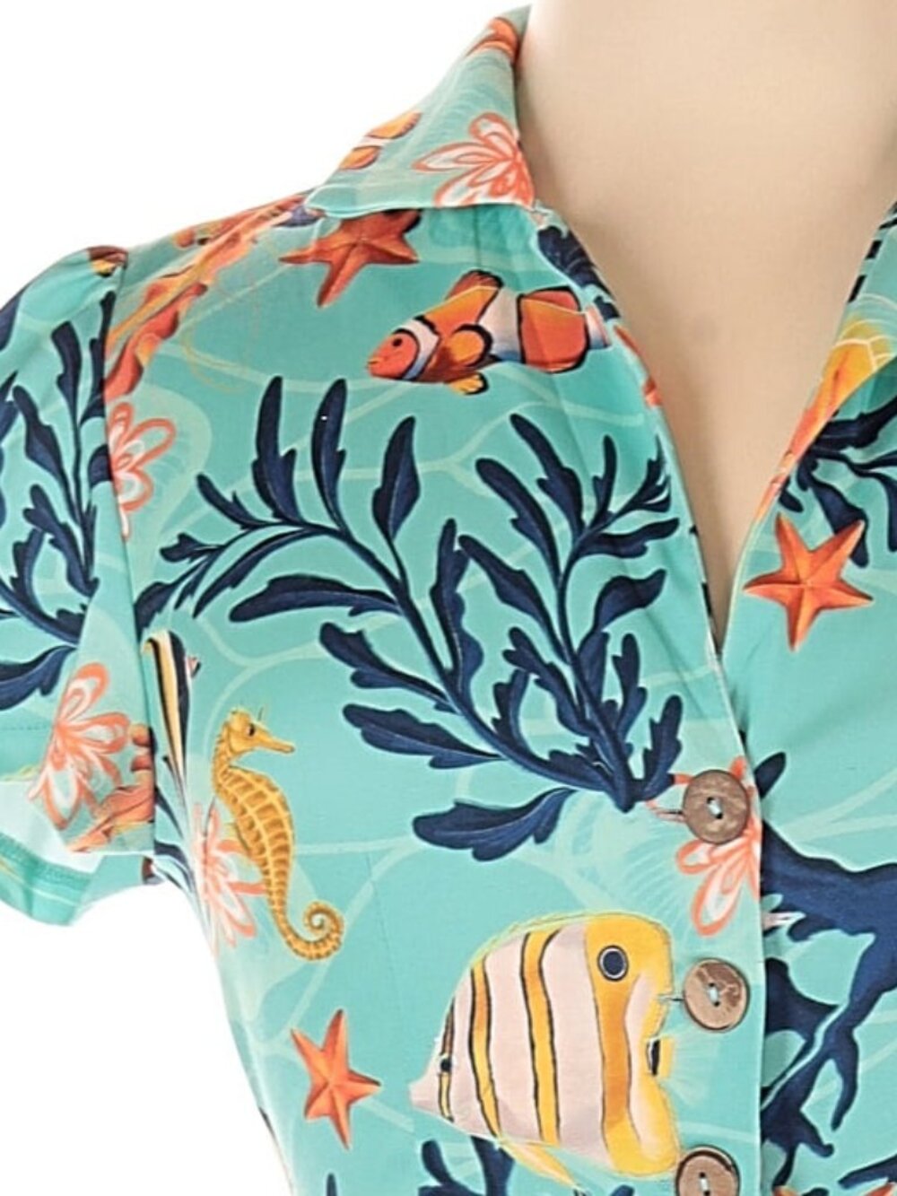 Voodoo Vixen Coral Reef Button Up Romper Teal XL Ocean Print Playsuit EUC - Picture 2 of 6
